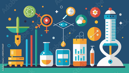A colorful illustration of scientific equipment and symbols, including a clock, a syringe, and a beaker. Concept of curiosity and exploration, as well as the idea of scientific discovery