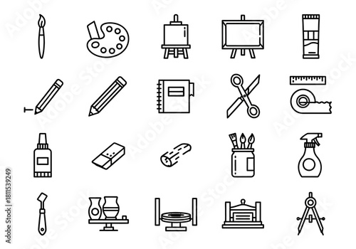 A comprehensive set of line icons depicting various art and craft supplies for painting, drawing, sculpture, and design projects