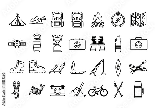 A comprehensive set of outdoor adventure line icons featuring equipment for camping, hiking, and travel, a versatile vector graphic concept