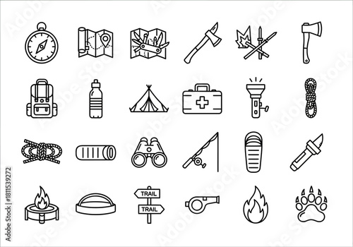 Hiking and camping equipment vector icon set. Outdoor adventure and survival gear symbols collection for travel and exploration