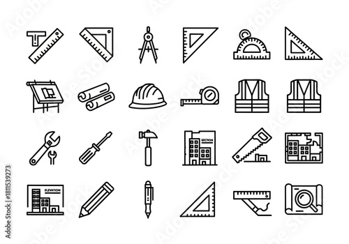 Linear icon collection for architecture, construction, and drafting, featuring essential tools and equipment for professional design and engineering
