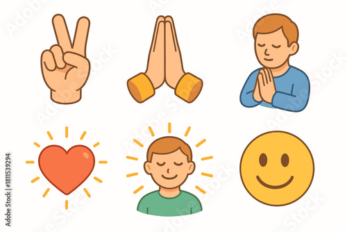 Cartoon hand gestures and emotions featuring peace, prayer, and smiling faces