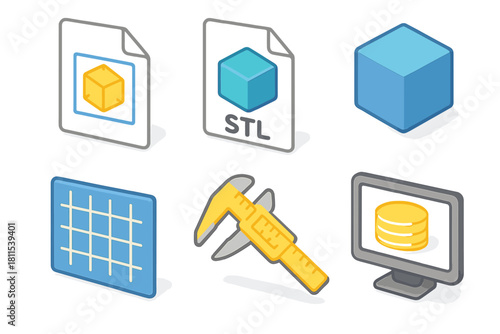 Icon set for 3d printing: stl files, measuring tools, computer graphics, and blue cube design