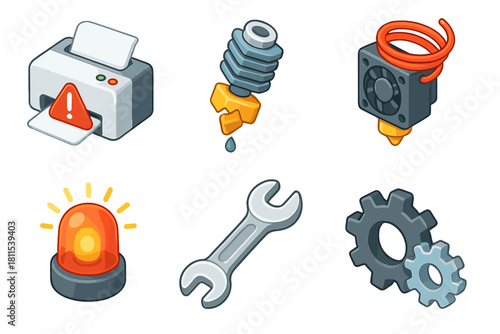 3d printer icons including alert, nozzle, filament, warning light, wrench, and gears
