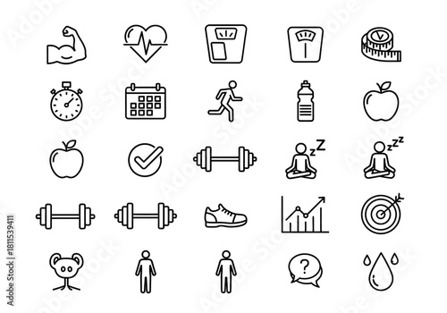 A comprehensive collection of thin line icons representing health, fitness, and wellness concepts, perfect for lifestyle and exercise design