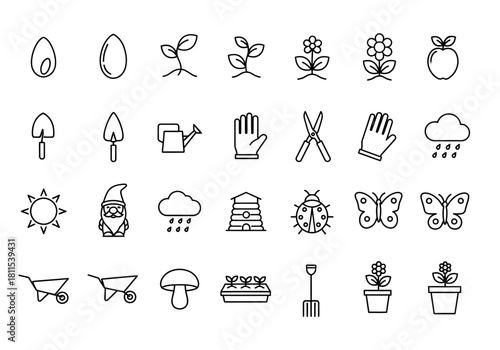 A versatile set of gardening and horticulture line icons, illustrating the journey from seed to plant with tools, insects, and weather symbols