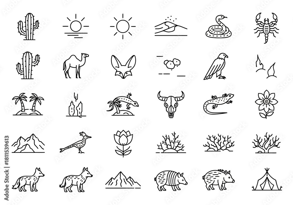 Fototapeta Wild west and desert life icon collection. Thin line art set of desert animals, plants, and nature symbols for western themes