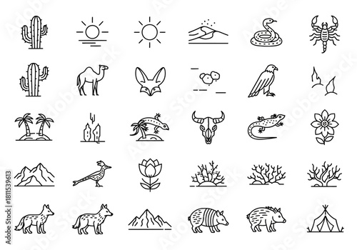 Wild west and desert life icon collection. Thin line art set of desert animals, plants, and nature symbols for western themes