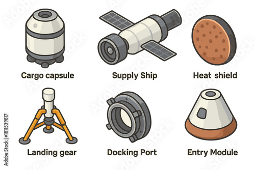 Spacecraft components: cargo capsule, supply ship, heat shield, landing gear, docking port, entry module