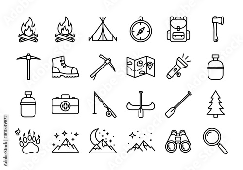 A versatile collection of thin line icons representing camping, hiking, mountain climbing, and outdoor adventure journey essentials