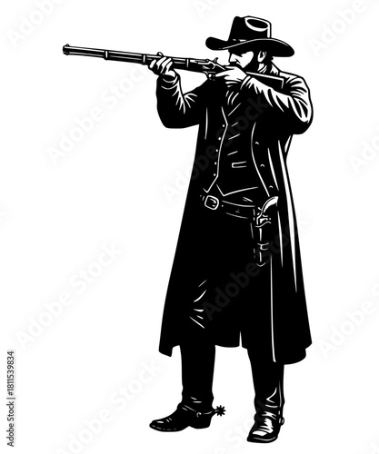 Cowboy with Rifle Aiming Illustration, Western Sharpshooter in Duster Coat Vector