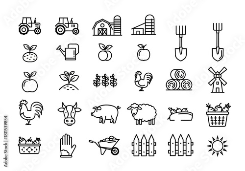 A comprehensive set of thin line icons for farming and agriculture, featuring farm animals, equipment, crops, and rural life symbols on a white background