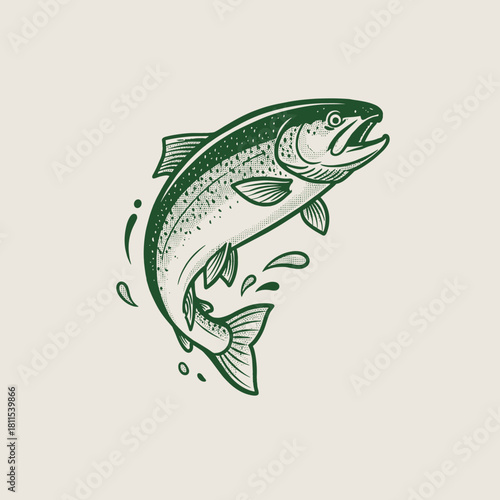 Vintage Salmon Jumping Design.Retro Trout Fishing Logo.Jumping Fish Emblem Vector.Engraving Style Seafood Art.Wild River Fish Mascot