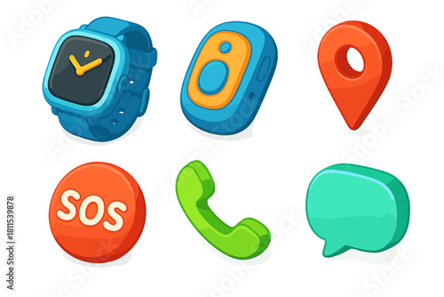 Colorful smartwatch and app icons for child safety and communication