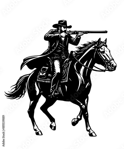 Mounted Cowboy Shooting Rifle Vector, Horseback Gunslinger Illustration
