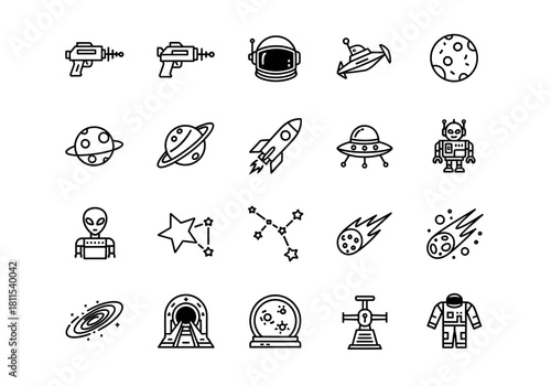 Space and astronomy icon set featuring thin line art style. Includes vector symbols of astronaut, alien, UFO, rocket ship, and planet for design projects