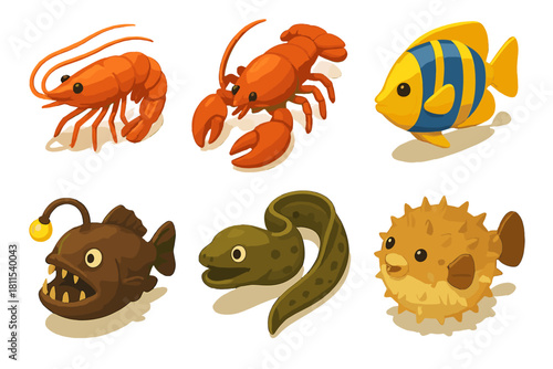 Colorful cartoon sea creatures collection with crustaceans and fish