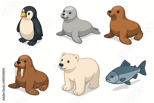 Cute cartoon animals: penguin, seal, sea lion, walrus, polar bear, fish illustrations