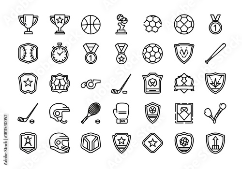 A collection of sports and competition outline icons, a simple linear vector graphic set for athletic activities and championship awards