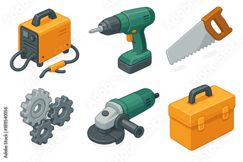 Set of isometric tools: drill, saw, grinder, gear, tool box, welding machine