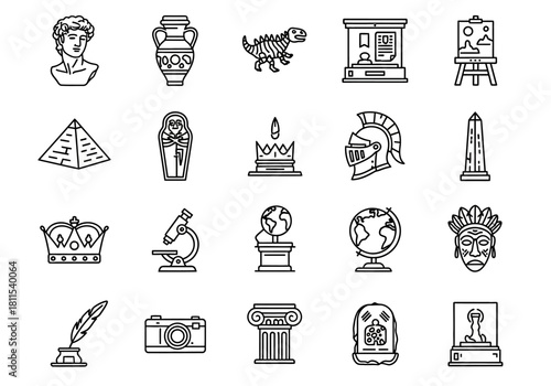 A comprehensive collection of history and archeology line icons, featuring ancient artifacts, cultural symbols, and museum exhibits