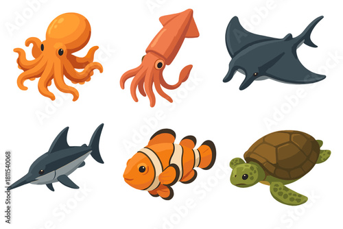 Colorful ocean animals illustration featuring octopus, squid, ray, swordfish, clownfish, turtle