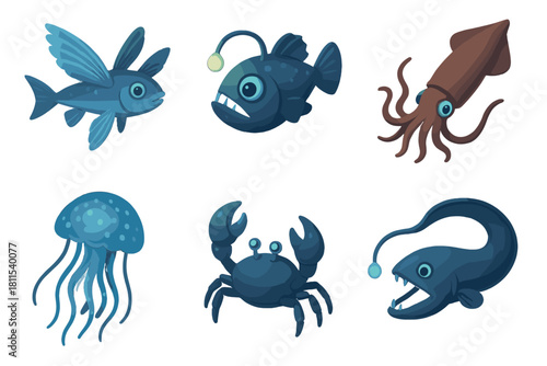 Ocean creatures set: flying fish, anglerfish, squid, jellyfish, crab, gulper eel