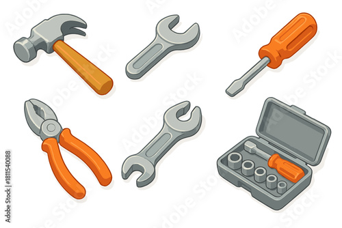 Set of cartoon hand tools including hammer wrench pliers screwdriver tool box