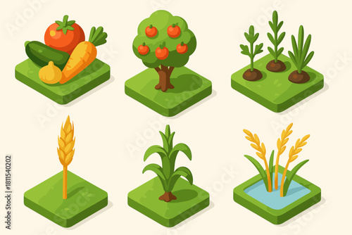 Isometric icons of vegetables, fruit trees, and crops on green platforms