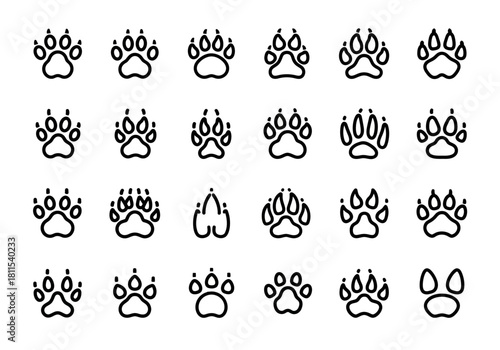 A diverse vector icon set of animal paw prints. Black line art collection of wild and domestic animal tracks like dogs, wolves, and bears