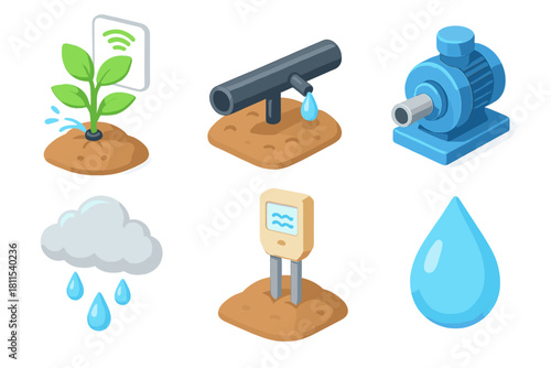 Smart irrigation and water management icons with cloud, raindrops, and pump