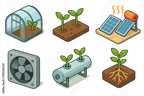 Sustainable farming icons: solar panels, seedlings, greenhouse, hydroponics, ventilation