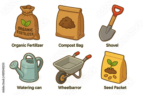 Gardening tools and supplies: organic fertilizer, compost, shovel, watering can, wheelbarrow, seed packet