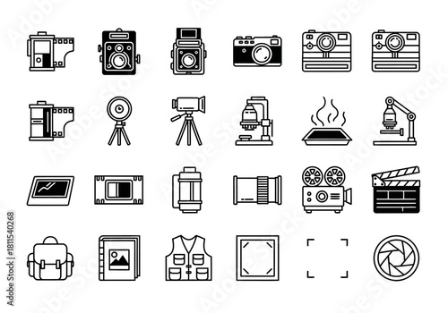 A comprehensive set of linear icons representing photography and videography equipment, including classic film cameras, movie production tools, and digital accessories