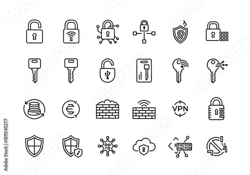 Cybersecurity and digital data protection line icon set featuring locks, keys, firewalls, and encryption symbols for network safety