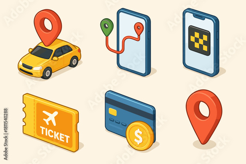 Isometric icons: taxi, smartphone, gps, ticket, credit card, location pin