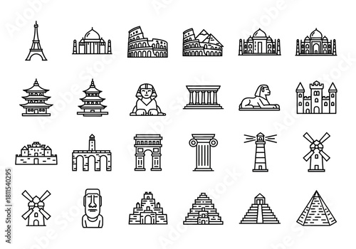 World landmarks and famous monuments icon set. Vector line art collection of historical architectural symbols for travel and tourism design
