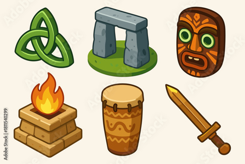 Ancient symbols: tribal mask, celtic knot, drum, stonehenge, fire, sword icons
