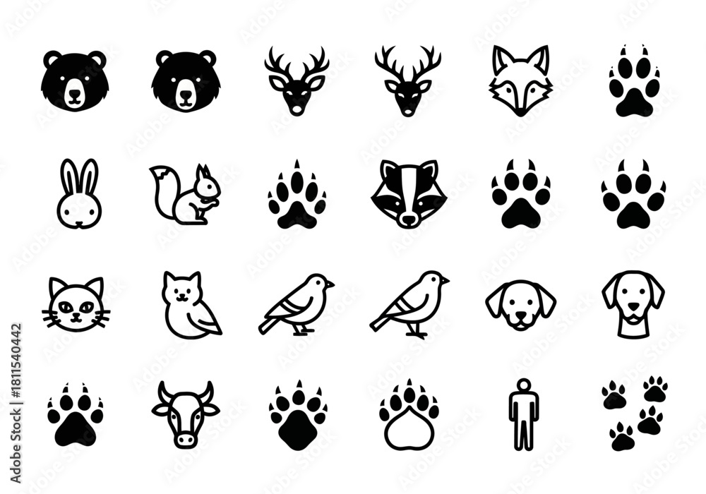 Fototapeta premium A diverse collection of minimalist animal head icons and footprint tracks, including bear, deer, fox, and human symbols for design projects