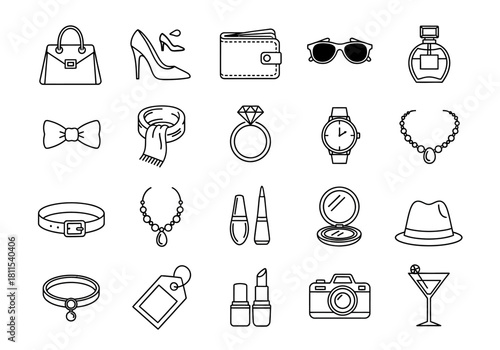 A comprehensive set of outline icons representing women's fashion, beauty products, and luxury lifestyle accessories. Vector symbols for modern design projects