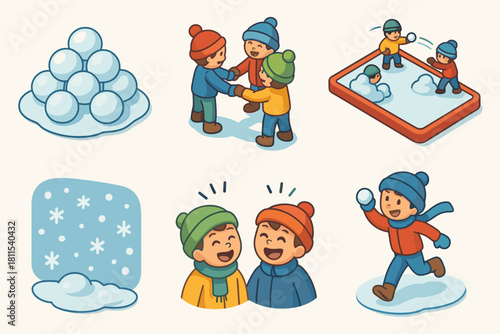 Children playing in snow: snowball fights, snowmen, and winter fun
