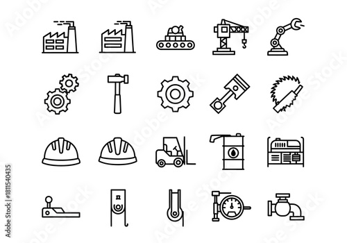 A comprehensive vector set of industrial line icons representing manufacturing, heavy machinery, engineering, and construction tools