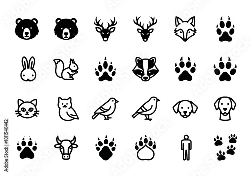 A diverse collection of minimalist animal head icons and footprint tracks, including bear, deer, fox, and human symbols for design projects