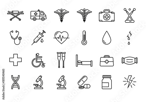 Healthcare and medicine line icon pack with symbols for ambulance, first aid, and laboratory research, outlined vector design set