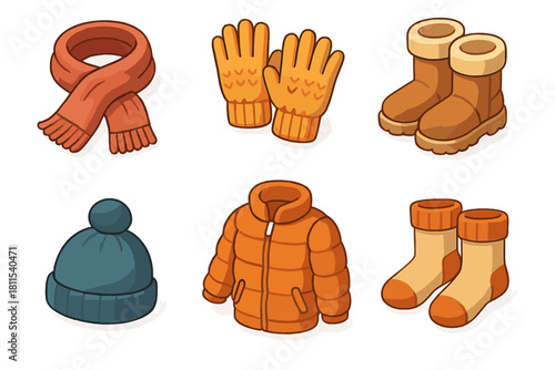 Winter clothing essentials illustration featuring scarf, gloves, boots, hat, jacket, and socks