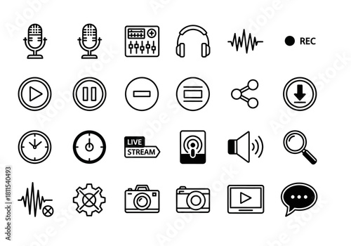 Versatile collection of line art icons representing multimedia, audio recording, podcasting, and video streaming for web and application design
