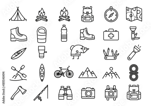 Set of vector line icons for outdoor activities and travel, including camping, hiking, and adventure equipment, from collection ejrhknoy (76)