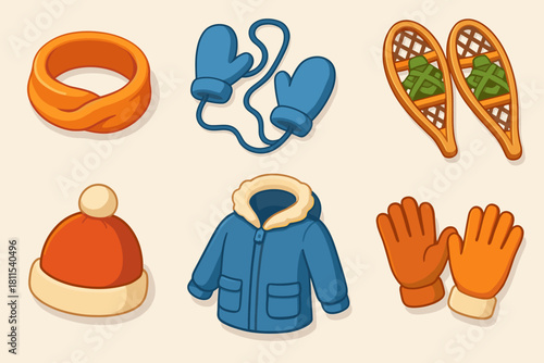 Winter clothing and gear: mittens, snowshoes, hat, jacket, scarf, gloves