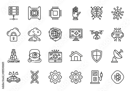 A collection of thin line icons illustrating concepts of future technology, innovation, artificial intelligence, and digital networking