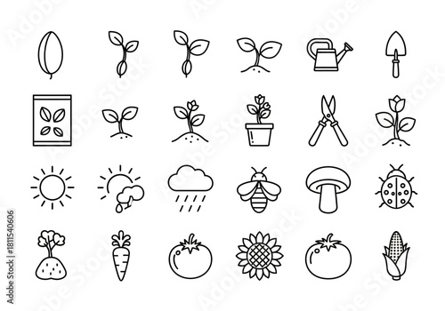Vector set of thin line icons for gardening, agriculture, and organic farming concepts, illustrating plant growth, tools, and harvest